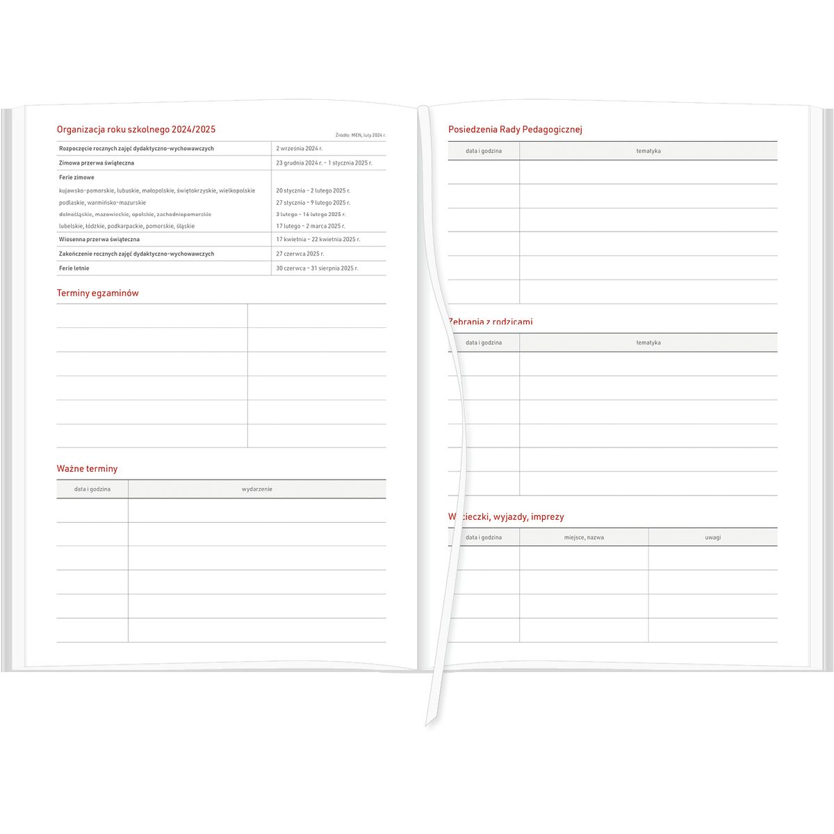 Kalendarz nauczyciela książkowy (terminarz) KRAFT Z GUMKĄ czerwony Wydawnictwo Wokół Nas 2024/2025 B5 tygodniowy B5 (B5TN067B-)
