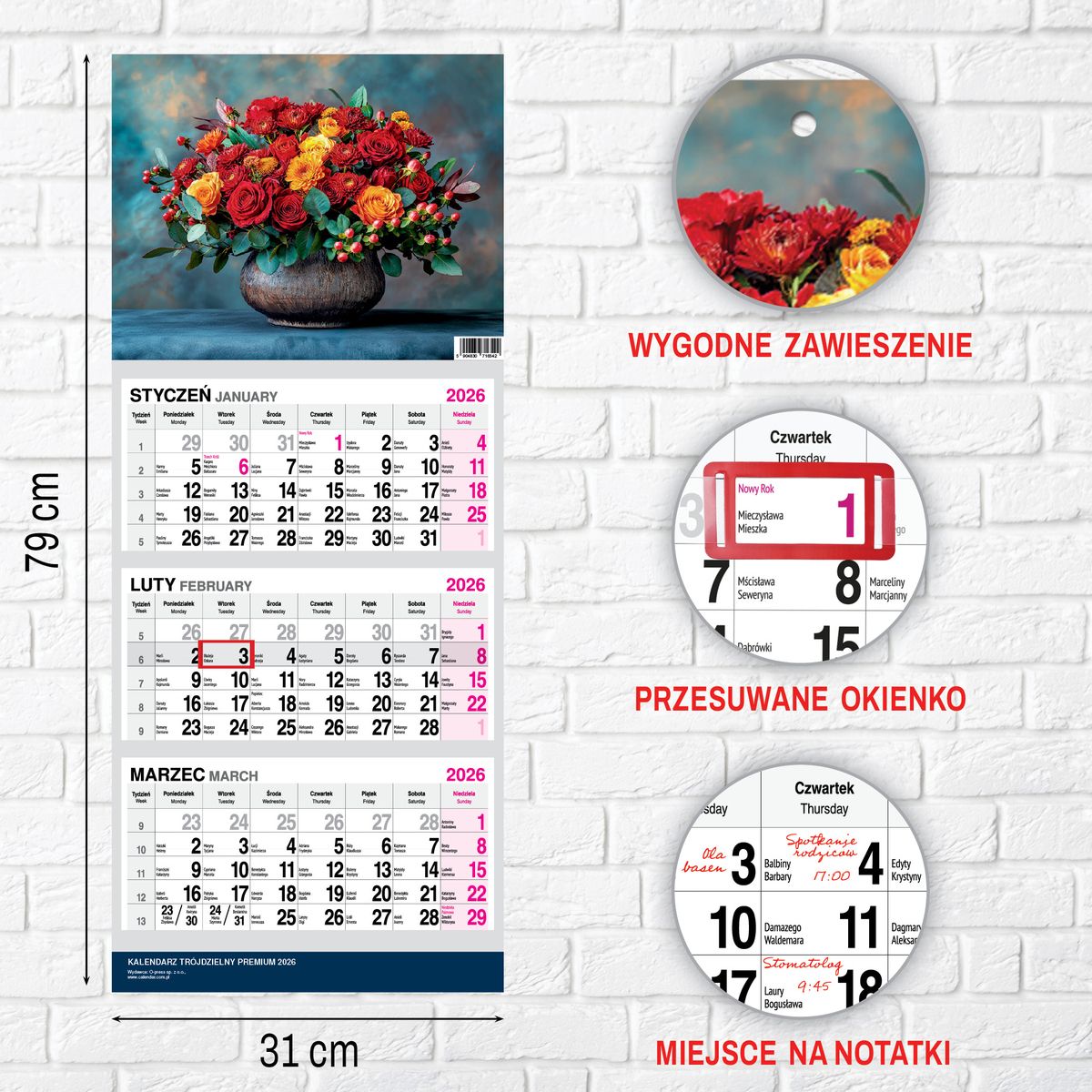 Kalendarz ścienny (401000) k:2915-377 PREMIUM trójdzielny A4 Press (BUKIETY)