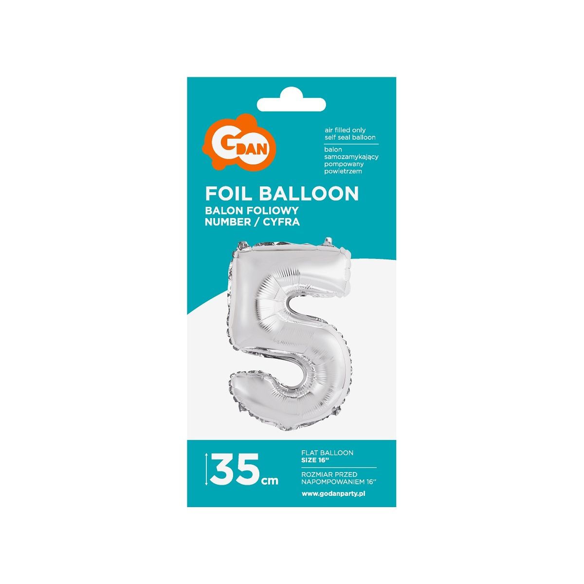 Balon foliowy Godan cyfra 5 srebrny 35 cm 16cal (FG-C35S5)