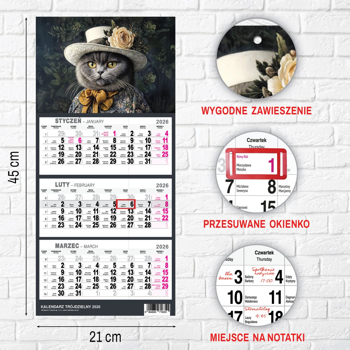Kalendarz ścienny (401000) k:2915-377 KOT A5 210mm x 450mm Press