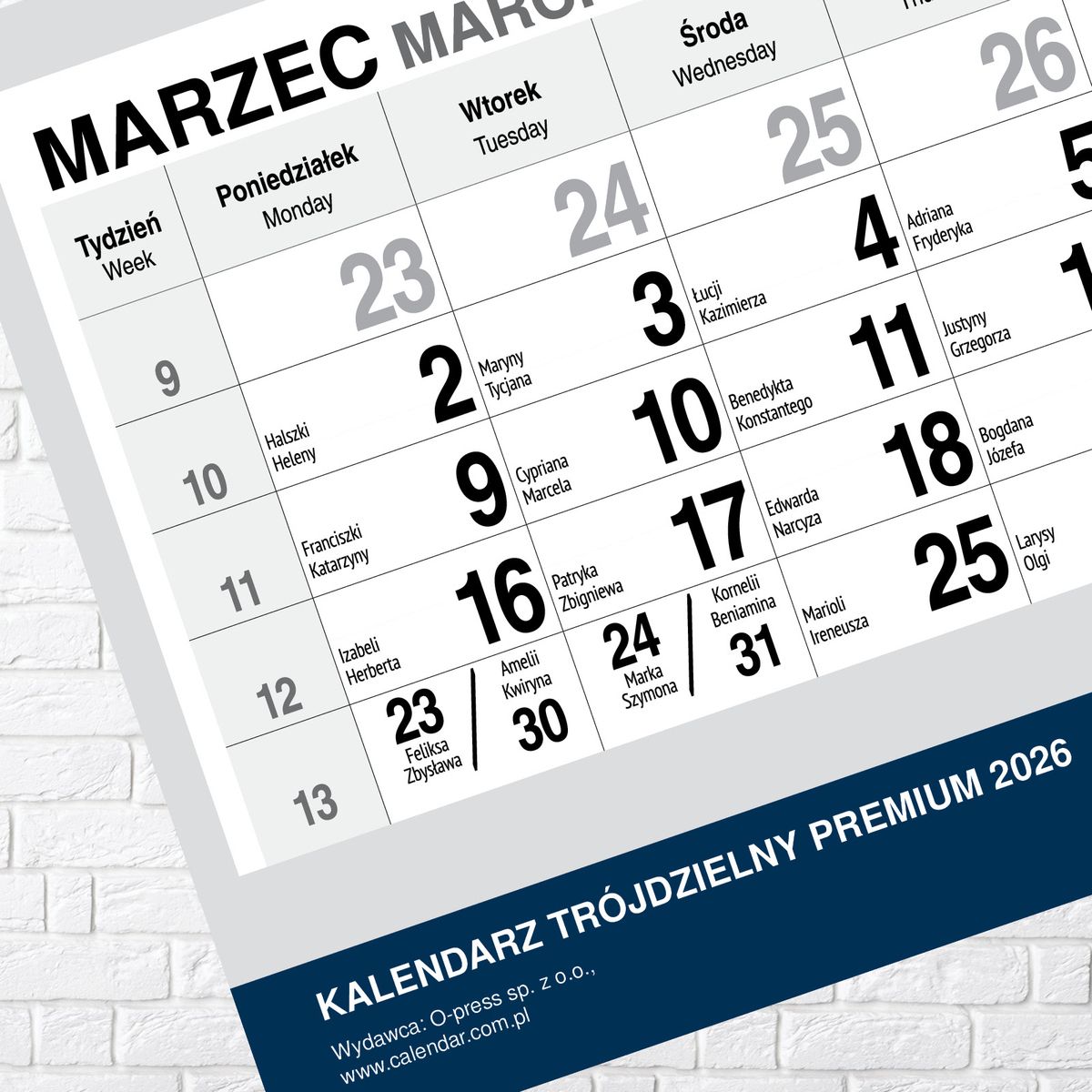 Kalendarz ścienny (401000) k:2915-377 PREMIUM trójdzielny A4 Press (WIDOK)