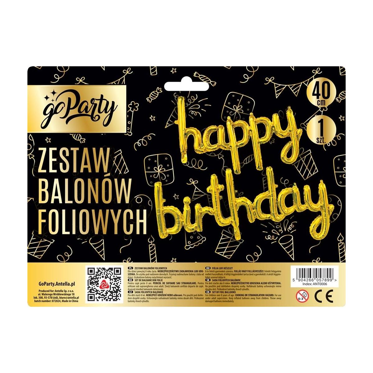 Balon foliowy zestaw balonów 13 elementów Happy Birthday złote Antella