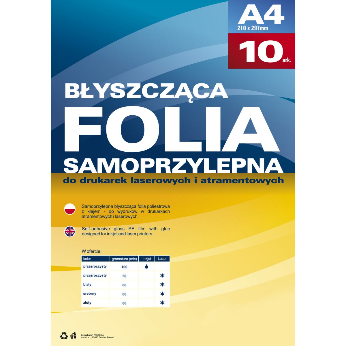 Folia samoprzylepna Argo A4 biały 80mic. [mm:] 210x297 (434011)