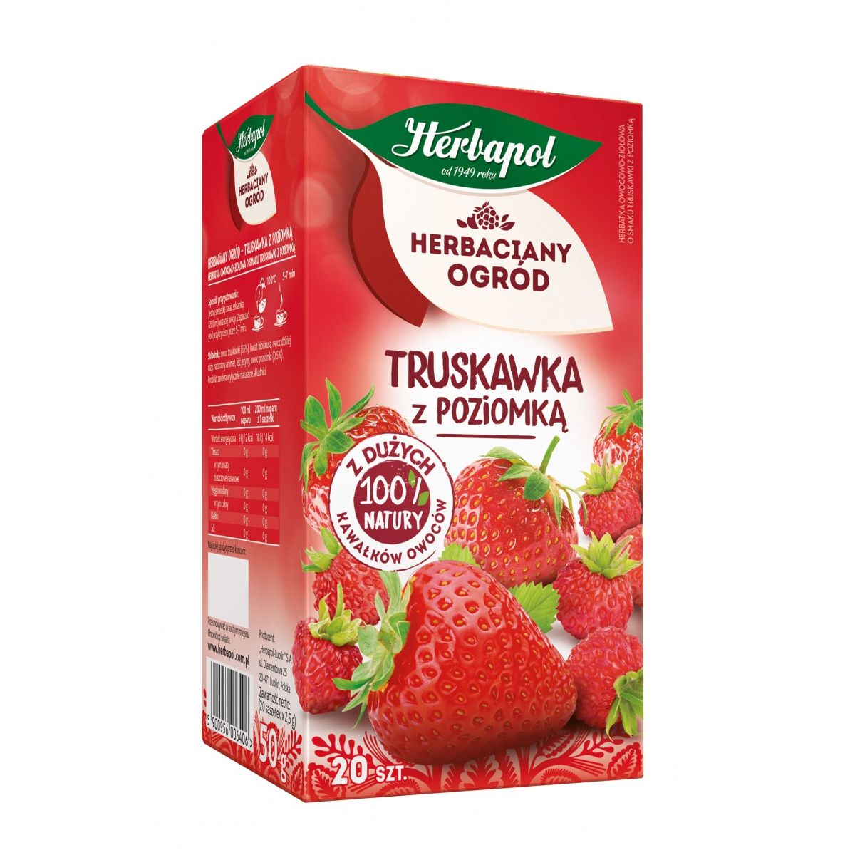 Herbata Herbaciany Ogród owocowo-ziołowa truskawka z poziomką truskawka 20 saszetek Herbapol