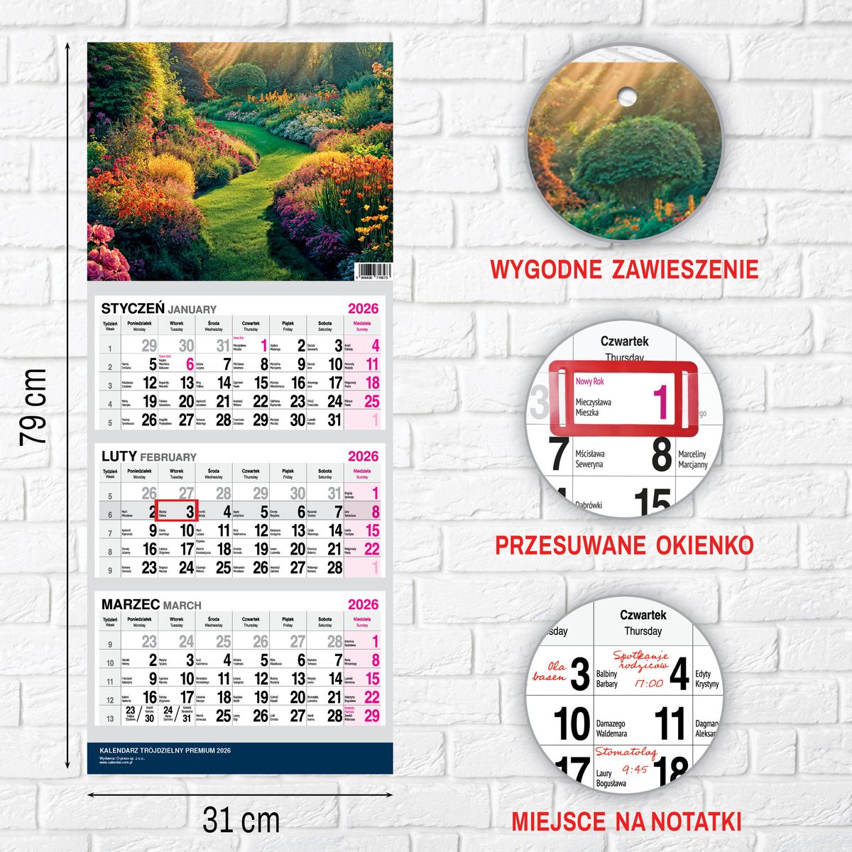 Kalendarz ścienny (401000) k:2915-377 PREMIUM trójdzielny A4 Press (OGRÓD)