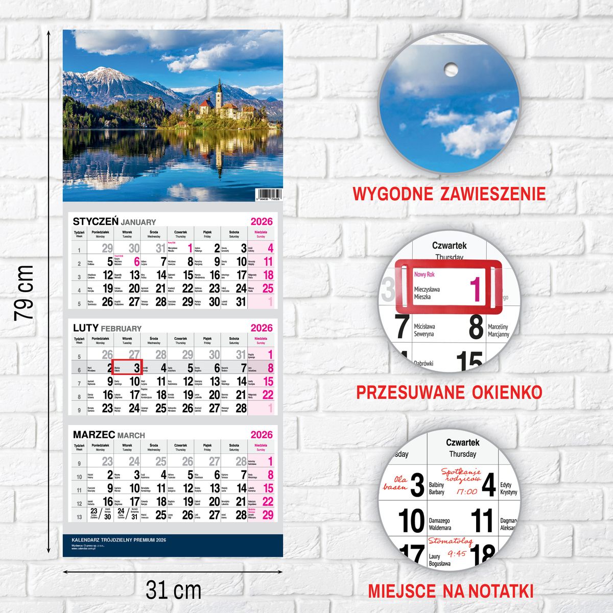 Kalendarz ścienny (401000) k:2915-377 PREMIUM trójdzielny A4 Press (WIDOK)