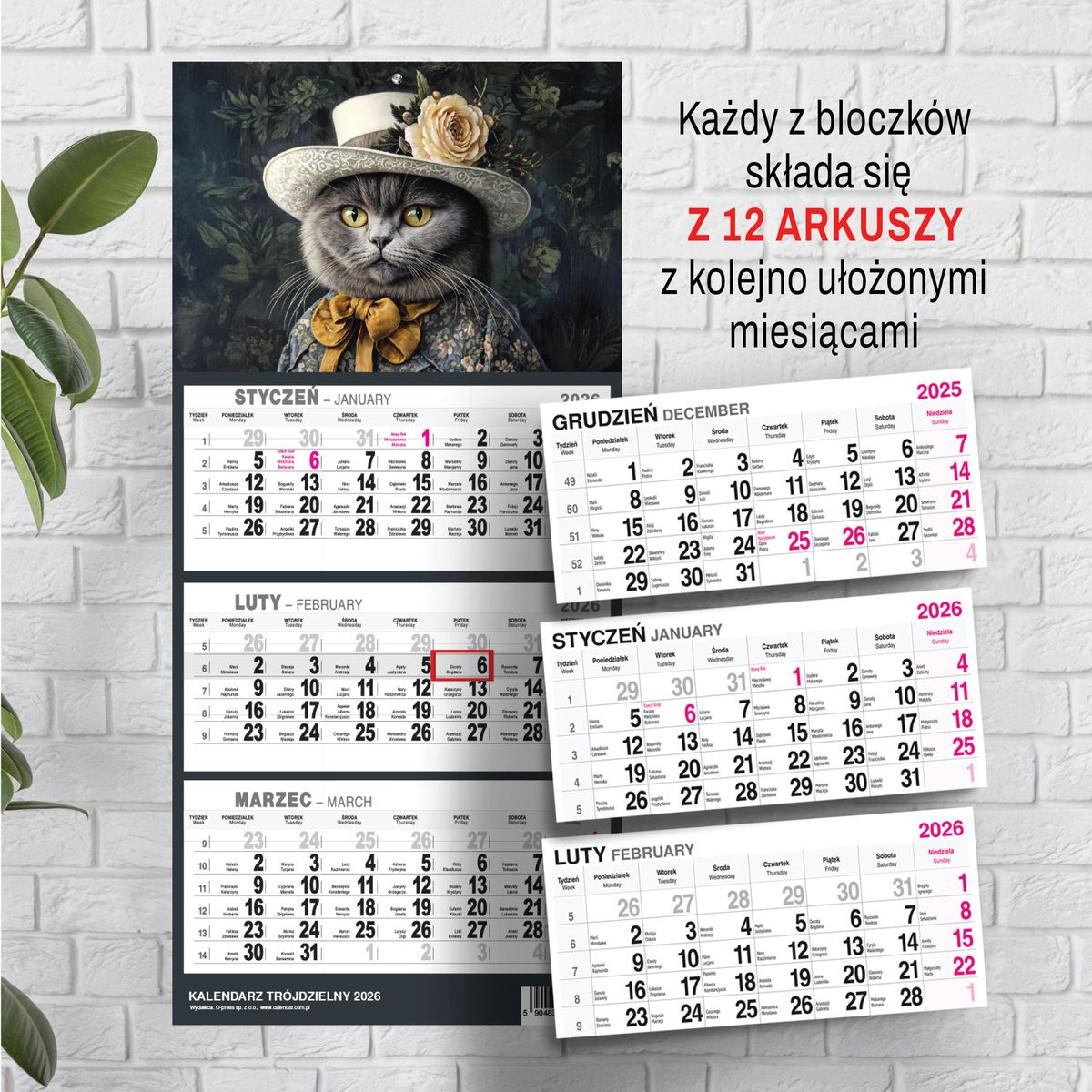 Kalendarz ścienny (401000) k:2915-377 KOT A5 210mm x 450mm Press