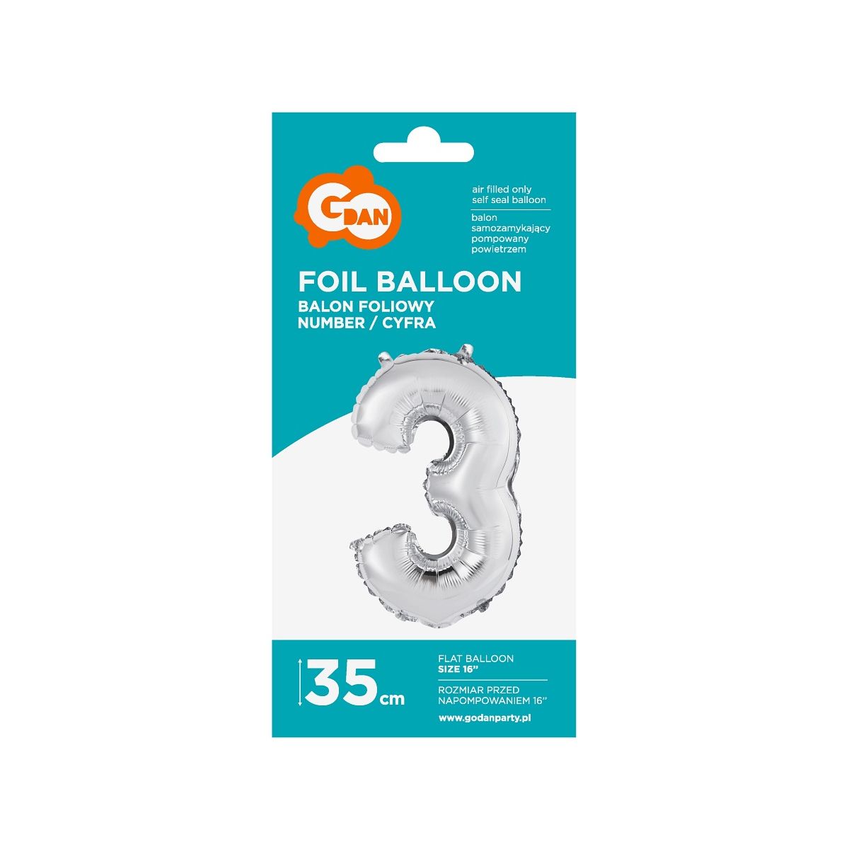 Balon foliowy Godan cyfra 3 srebrny 35 cm (FG-C35S3)