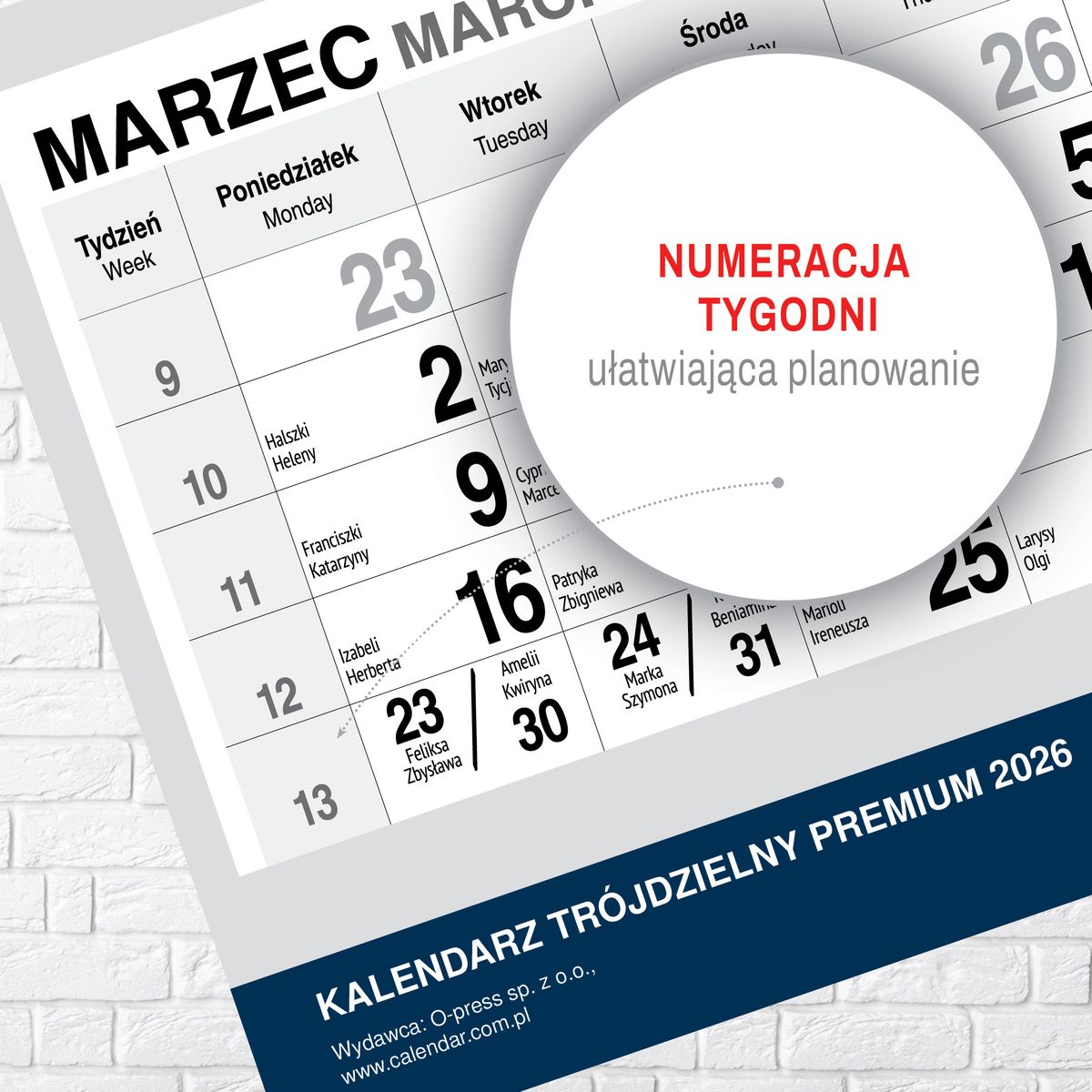 Kalendarz ścienny (401000) k:2915-377 PREMIUM trójdzielny A4 Press (WIDOK)