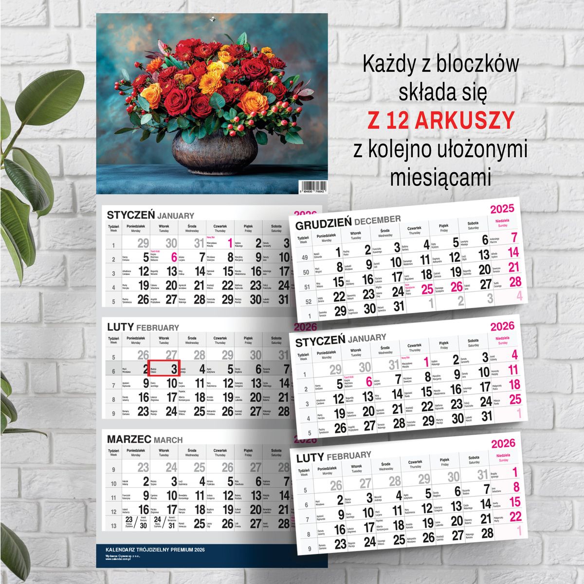 Kalendarz ścienny (401000) k:2915-377 PREMIUM trójdzielny A4 Press (BUKIETY)