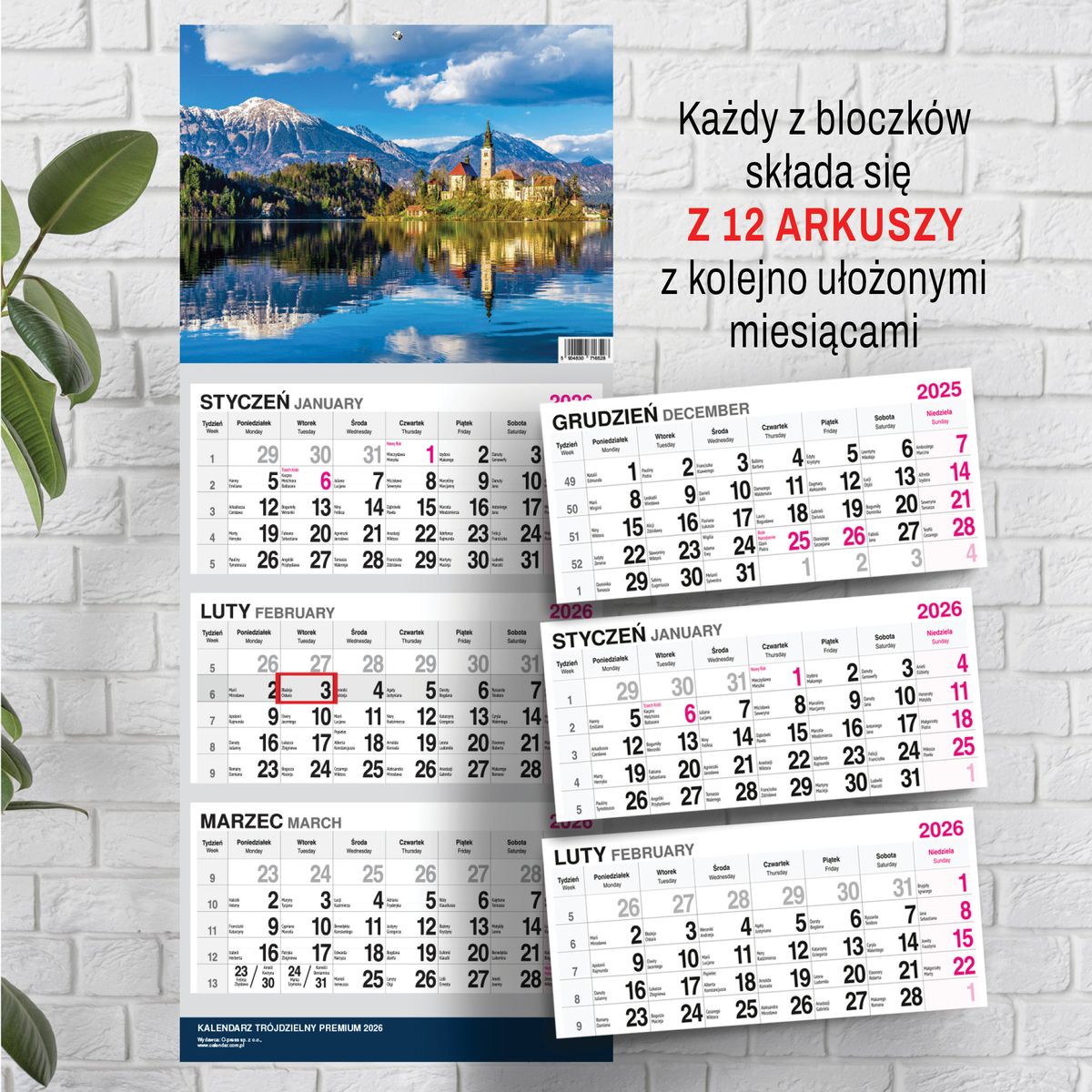 Kalendarz ścienny (401000) k:2915-377 PREMIUM trójdzielny A4 Press (WIDOK)