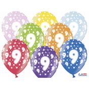 Balon gumowy Partydeco gumowy 9 urodziny, mix kolorów 30 cm/6 sztuk mix 300mm (SB14M-009-000-6)