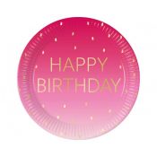 Talerz jednorazowy Godan Pink Happy Birthday, Decorata papier śr. 230mm 8 szt (96623)